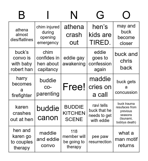 9-1-1 S9 Bingo Card