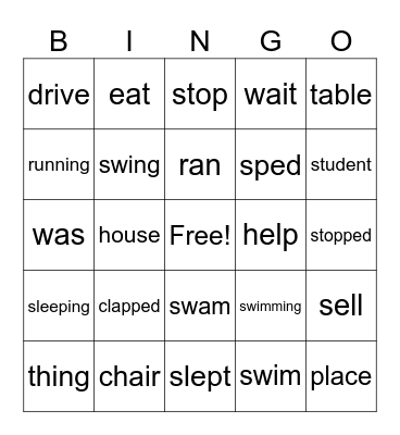 Nouns/Verbs Bingo Card