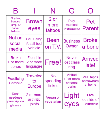 Holy Family High School 40 Year Reunion Bingo Card