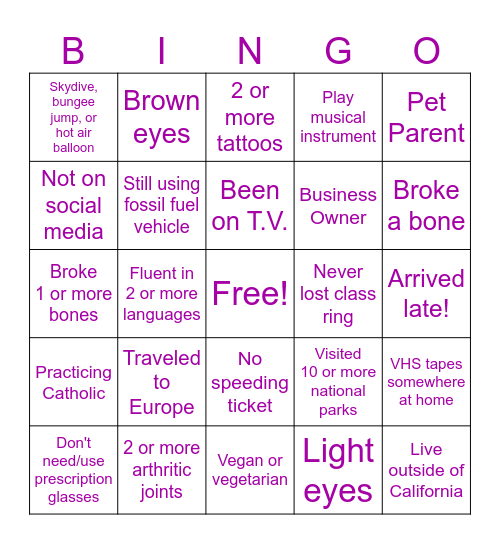 Holy Family High School 40 Year Reunion Bingo Card