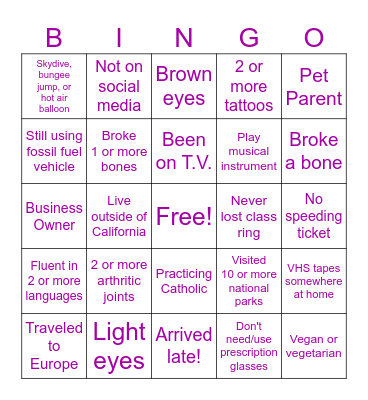 Holy Family High School 40 Year Reunion Bingo Card