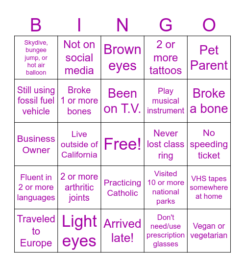 Holy Family High School 40 Year Reunion Bingo Card