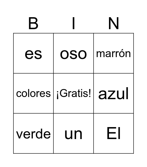 Animales de colores Bingo Card