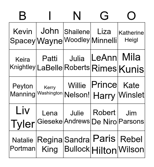 Celebrity Bingo! Bingo Card