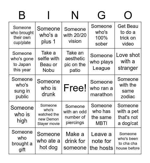 CHA CHA HOUSEWARMING Bingo Card