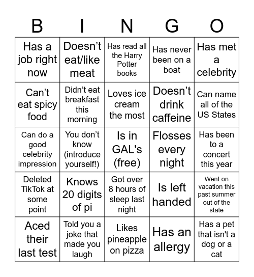 GAL's Bingo!! Find someone who... Bingo Card