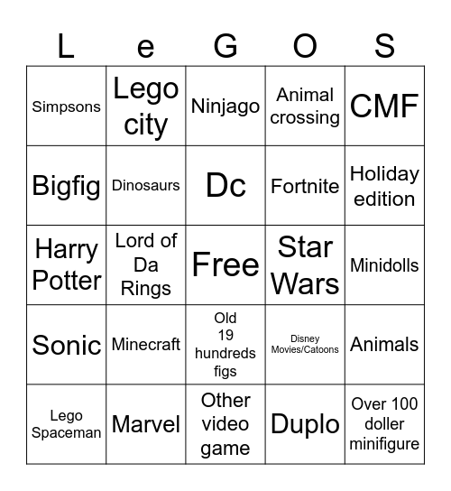 Lego minifigures Bingo Card