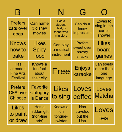 Fine Arts Connection Bingo Card