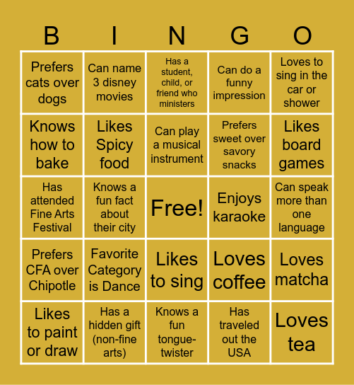 Fine Arts Connection Bingo Card
