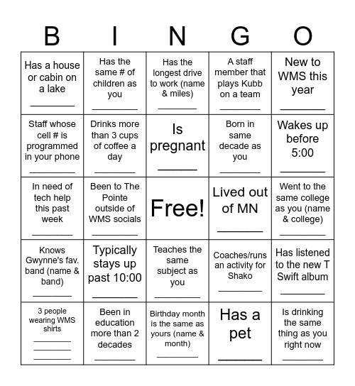 West Staff Social! All names on your board must be in attendance! Bingo Card