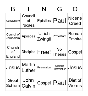 Christian History Bingo Card