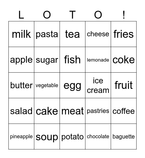 La Nourriture Bingo Card