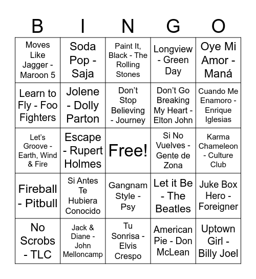 Music Bingo Card