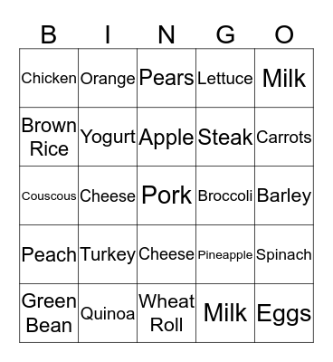Nutrition Bingo Card