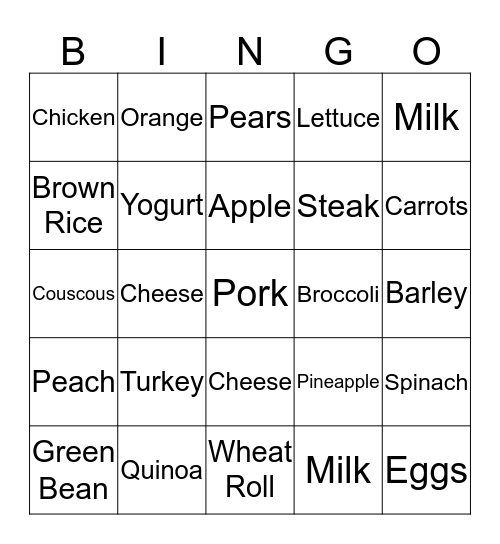 Nutrition Bingo Card