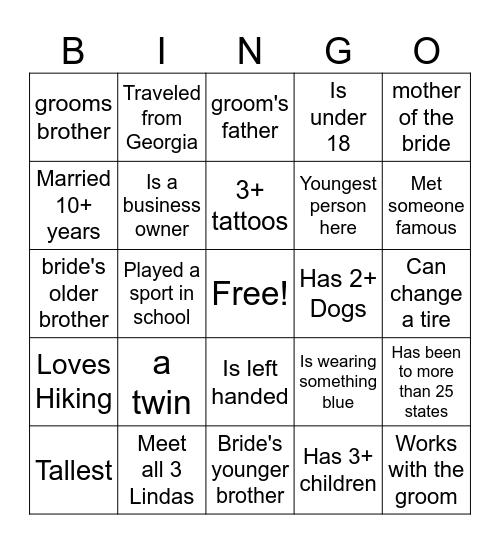 Find the Wedding Guest Bingo Card