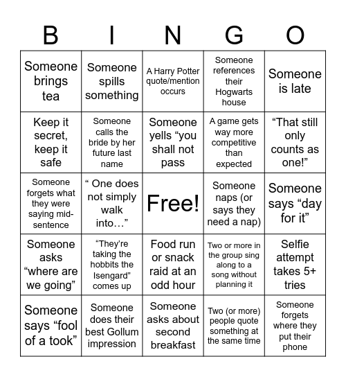 Jess's Bachelorette Bingo Card