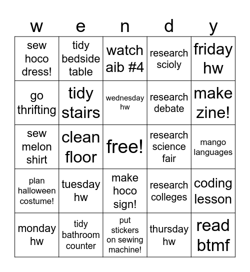 10/6-10/12 Bingo Card