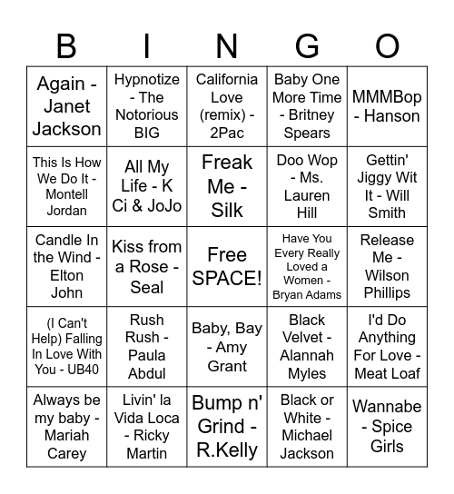 90's Music Bingo Card