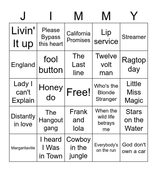 Jimmy Buffet Bingo Card