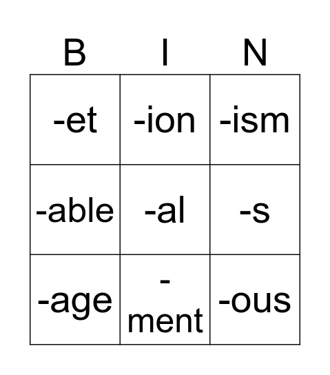 Suffix review Bingo Card