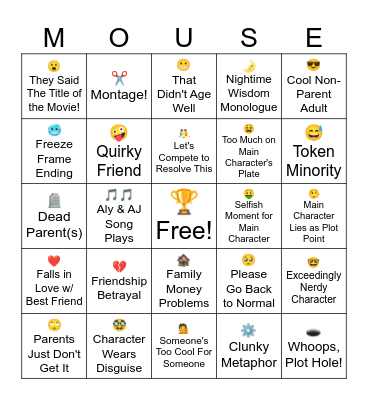 Disney Channel Original Movie Bingo Card
