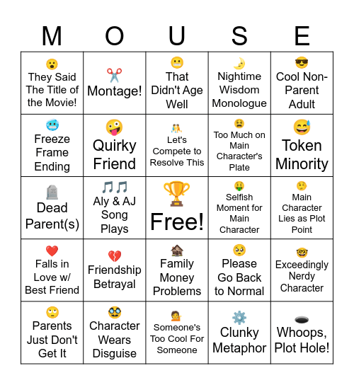Disney Channel Original Movie Bingo Card
