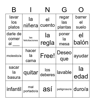 Sp3 U2: childhood, chores, toys Bingo Card