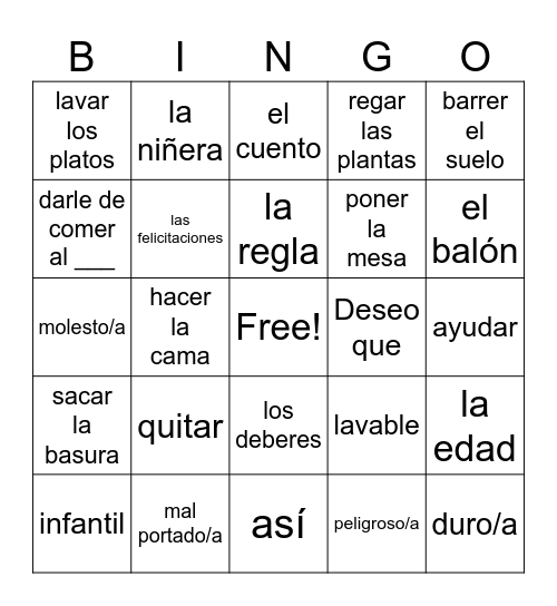 Sp3 U2: childhood, chores, toys Bingo Card