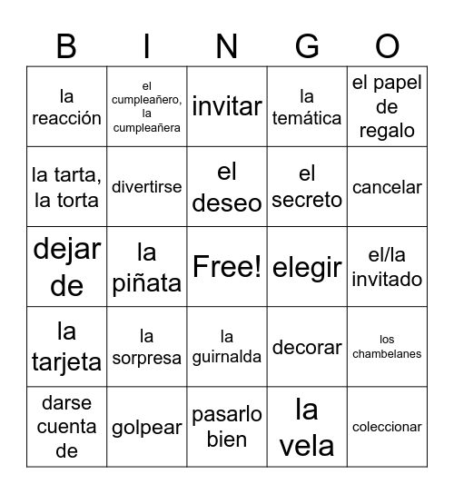 Sp3 U2: birthday, actions Bingo Card