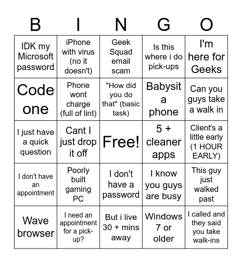 Geek Squad Bingo Card