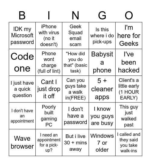 Geek Squad Bingo Card