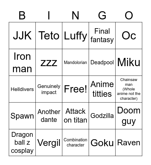 Comic con Bingo Card