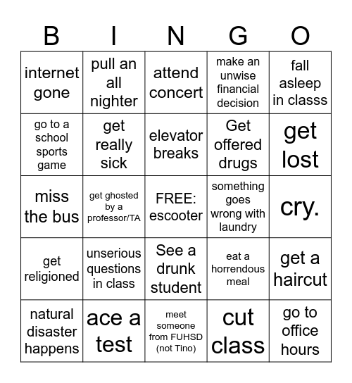College Bingo Card