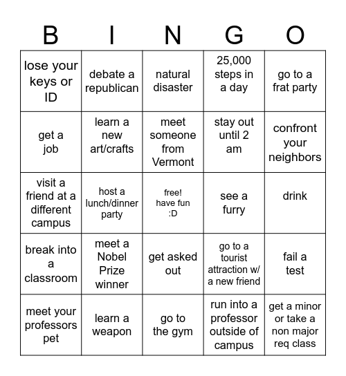 College Bingo (HARD) Bingo Card