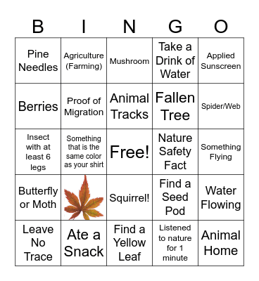 Autumn Hike Bingo Card