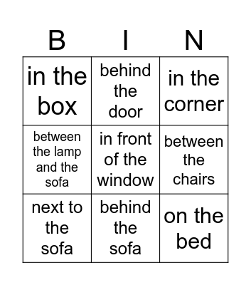 Prepositions and Furniture Bingo Card