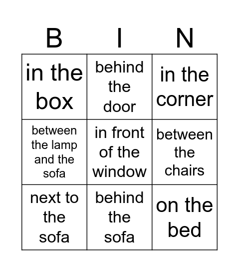 Prepositions and Furniture Bingo Card