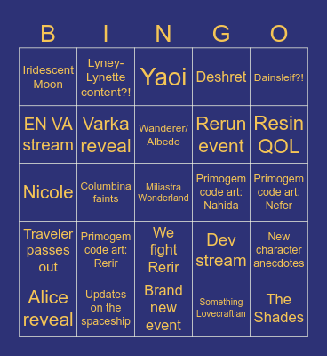 Genshin Impact Version "Luna II" Special Program Bingo Card