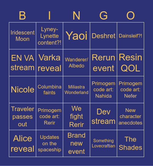Genshin Impact Version "Luna II" Special Program Bingo Card