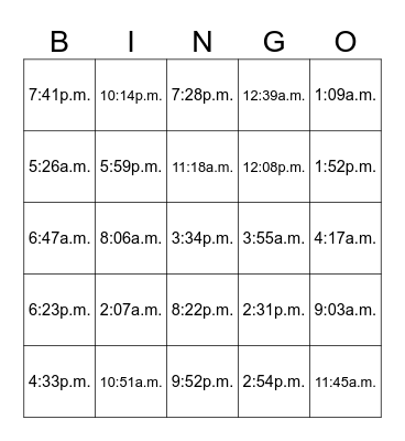Telling Time Bingo Card
