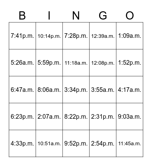 Telling Time Bingo Card