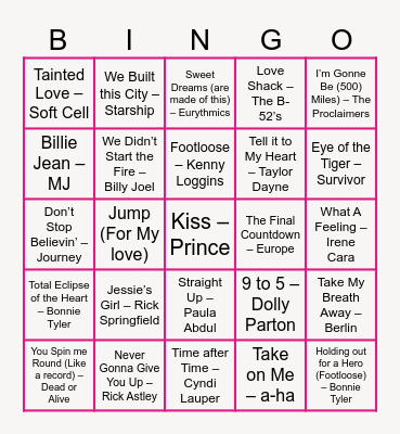 1980's Bingo Card