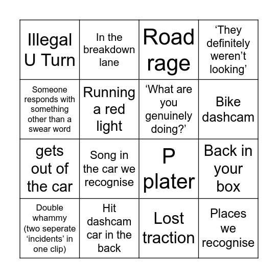 Dashcam Bingo Card