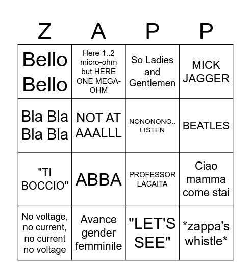 Zappa's Bingo Card
