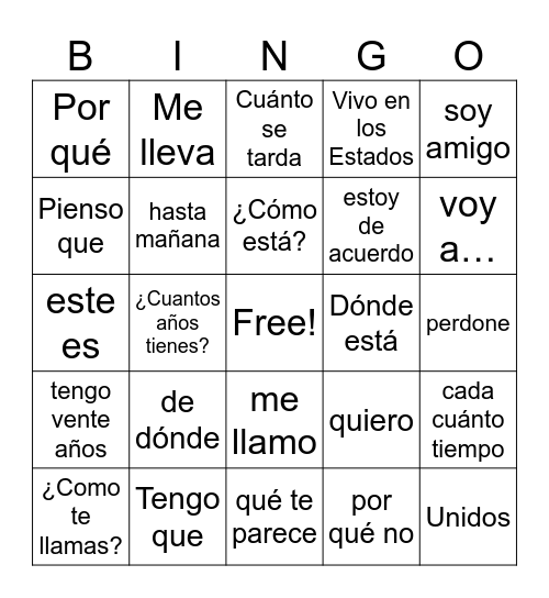 BINGO con palabras en Español Bingo Card