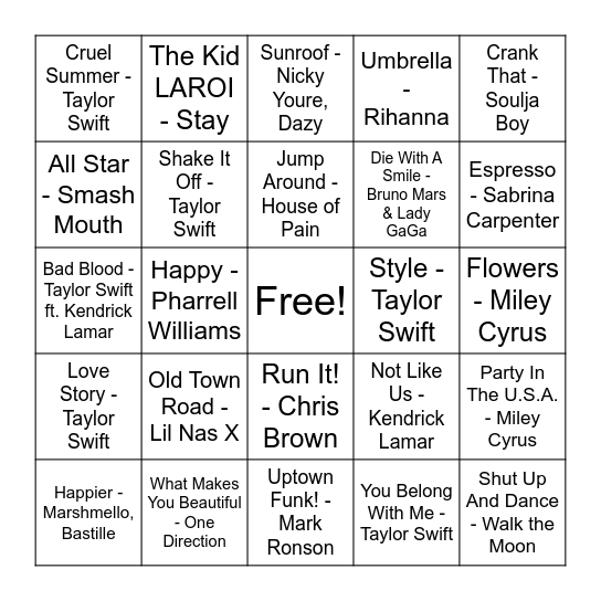 teeny bopper hits Bingo Card