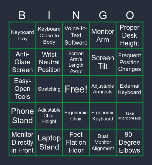 Virtual Ergonomics & Arthritis Awareness Bingo! Bingo Card