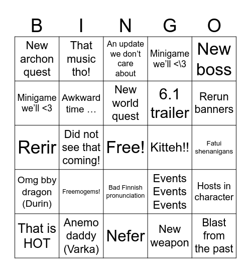 Genshin 6.1 Livestream Bingo Card