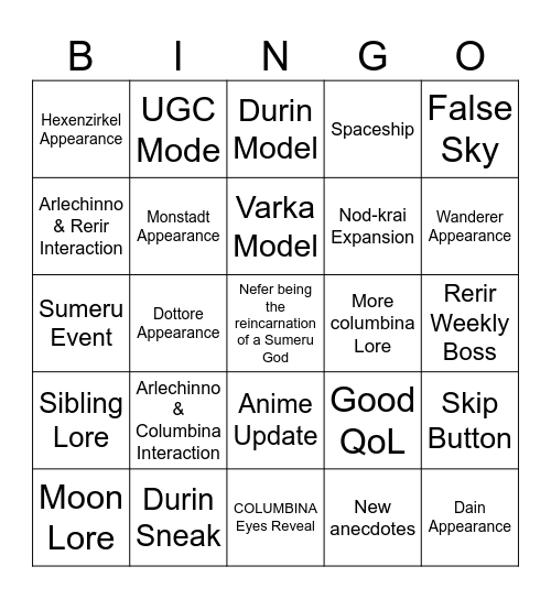 Genshin Luna II Bingo Card